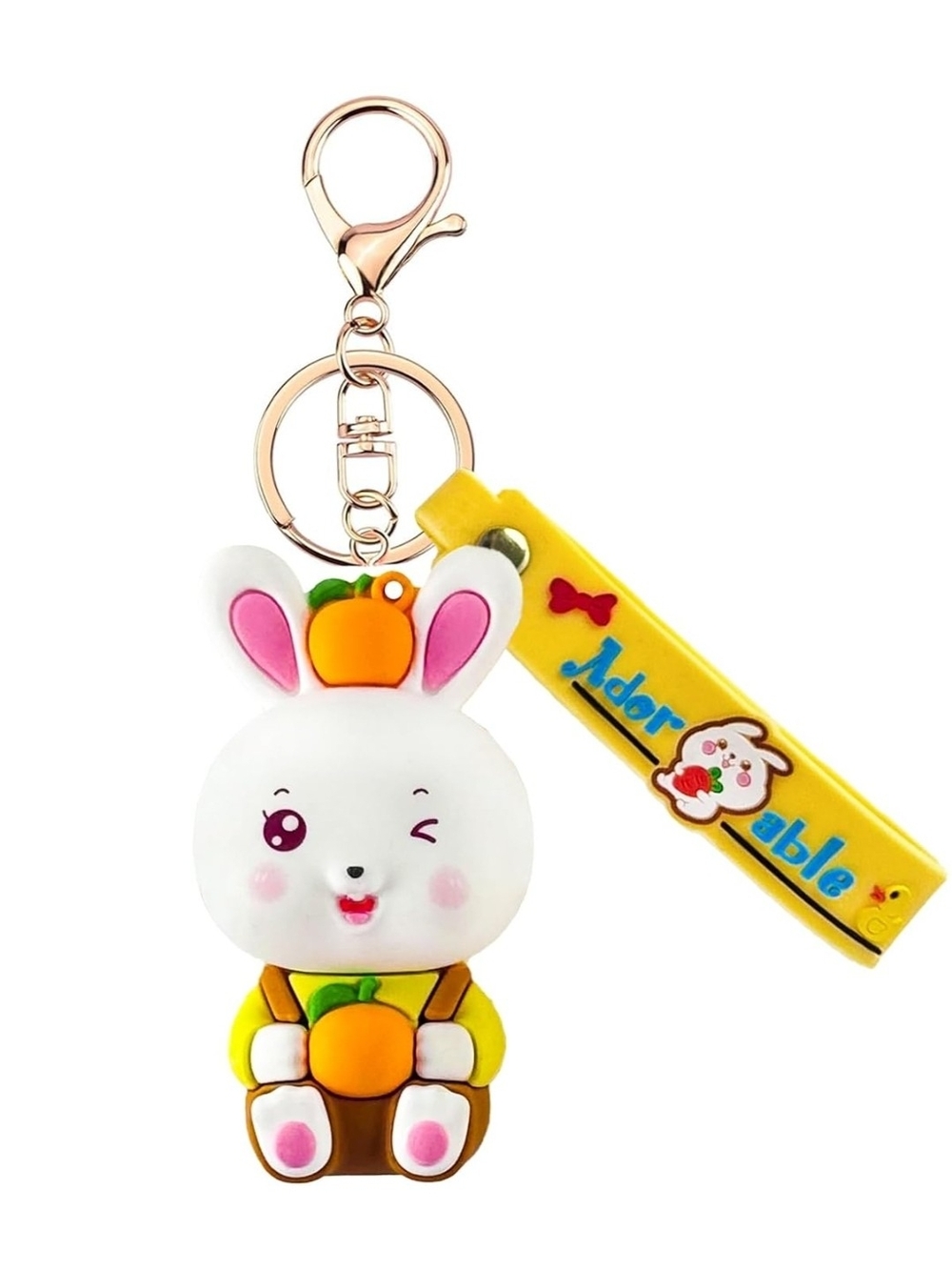 Adorable White Bunny Keychain Charm with Yellow Strap
